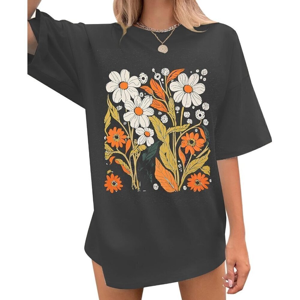 Women Grey Flower Shirt Vintage Floral Shirt Garden Lovers Tops Casual Loose Tee